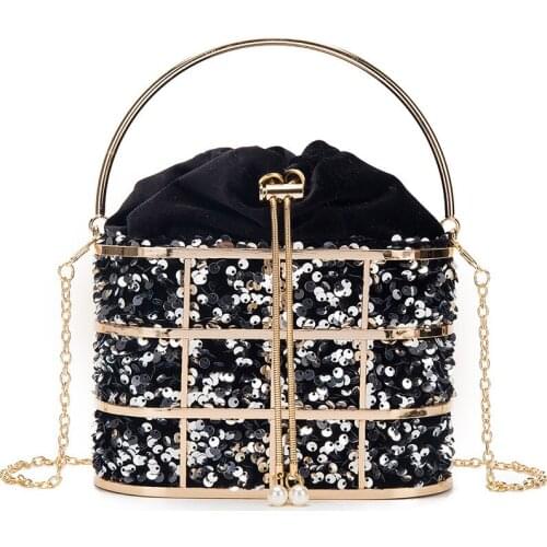 Velvet Metal Cage Evening Clutch Bag For Women 2022 Handbags And Purses Luxury Sequins Chain Bucket Bridal Wedding Party Bag