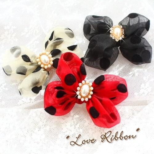 Free Shipping Dog Hair Accessories Hairpin Pearl Dot Chiffon Bow Knot 3 Colors Pet Cat Grooming Products Poodle Maltese Yorkie