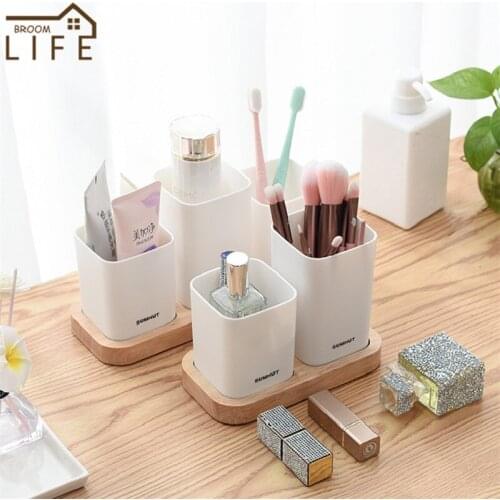Household 2/3 Grids White Plastic Simple Cosmetic Storage Box Wooden Tray Makeup Brushes Organizer Lipstick Beauty Storage Case