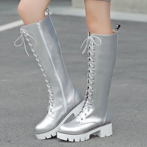 Spring Autumn Platform Womens Boots Fashion Patent Leather Knee High Boots Squae Low Heel Long Boots Laceing Zip Winter Shoes