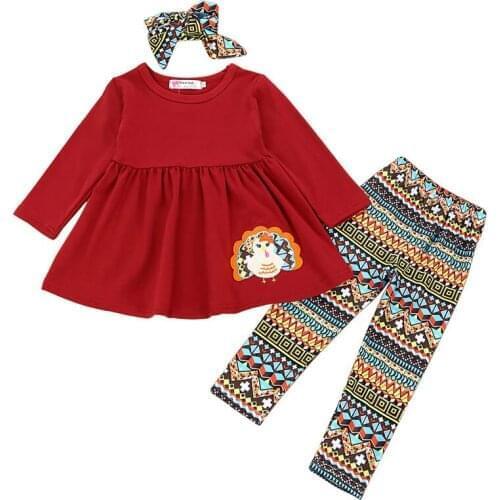 Children Clothing 2019 Autumn Winter Toddler Kids Baby Girls Thanksgiving Dress Tops Turkey Pants Scarf Outfits Set U3