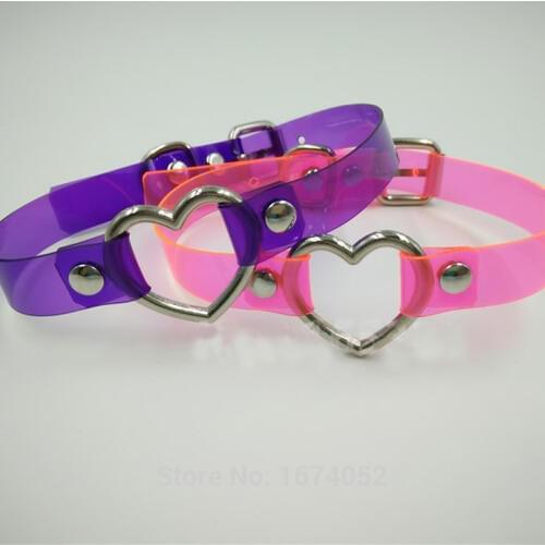 Harajuku Punk Gothic Rock Handmade Vinyl Choker Pink Purple Clear PVC Transparent Heart Collar Buckle Necklace