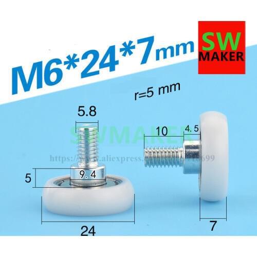 SWMAKER 6*24*7mm M6x24x7mm plastic package pulley wheel, with bearing, POM roller, spherical cam for showcase and drawer
