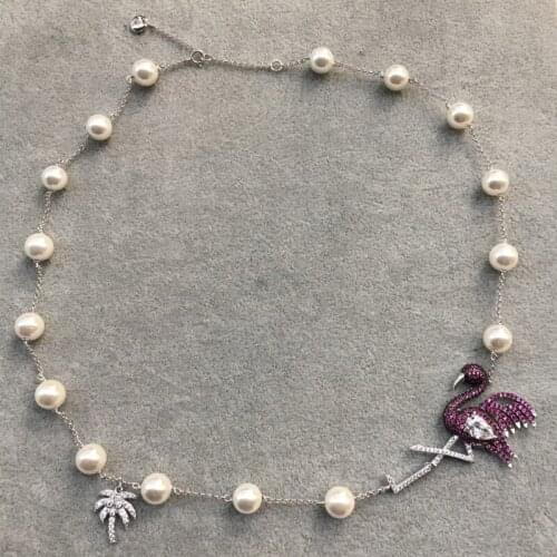 Lnngy 925 Sterling Silver Jewelry Flamingo Chain Necklace Freshwater Pearl Necklaces Bijoux Femme Pearl for Women Choker Gifts