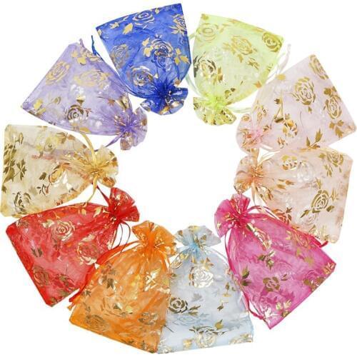 100Pcs/lot 7X9cm 9X12cm 11X16cm 13X18cm Gold Color Love heart rose Organza bag Wedding voile gift Christmas Bags Jewelry packing