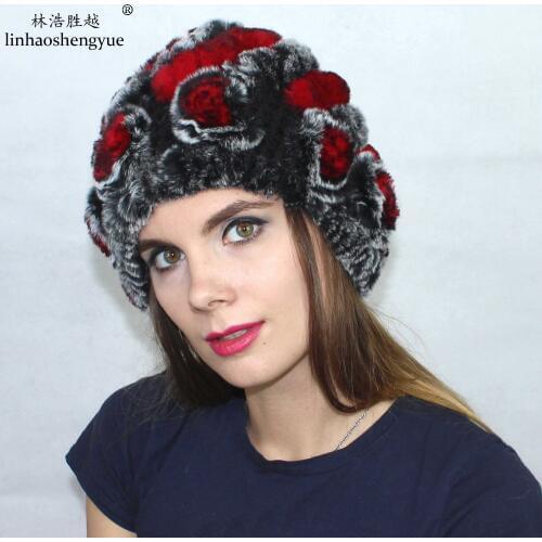 Linhaoshengyue Fashion Beautiful Real Fur Rex Rabbit Fur Women Hat with Flower Cap Freeshipping