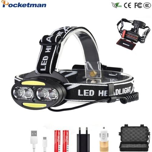 Powerful LED Headlamp Headlight 4* T6 +2*COB+2*Red Head Lamp USB Rechargerable Flashlight Head light Torch Hunting Camping