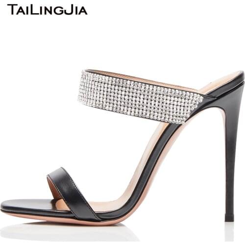 Crystal Black High Heel Mules Women Clear Nude Heels Transparent PVC Rhinestones Heeled Wedding Party Shoes Ladies Summer Shoes