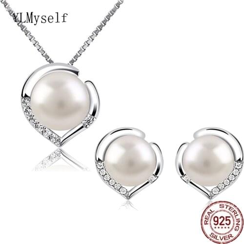 Pure 925 Sterling Silver Necklace+Earrings Set With 7mm Natural Freshwater Pearl Elegant Eternal Jewelry for Wedding