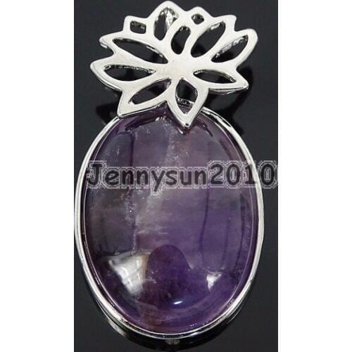 Natural Ame-thyst Gems Stone Reiki Chakra Healing Pendant Charm Beads Oval Stainless Steel 10Pcs/Pack