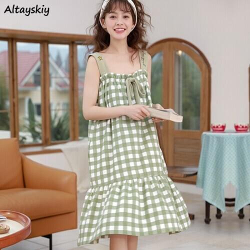 Nightgowns Women Sleeveless Homewear Fashion Korean Style Sweet Plaid Bow Casual Female Cozy All Match Loose Square Collar Chic