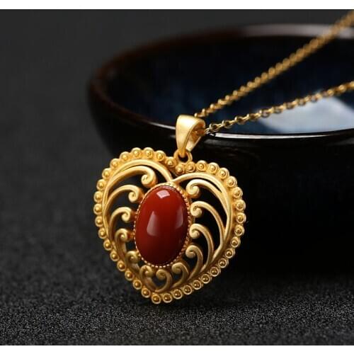 New silver inlaid hollow heart-shaped pendant necklace Chinese style retro unique ancient gold craft womens brand jewelry