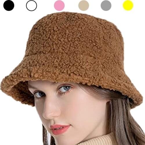 Fashion Lamb Faux Fur Bucket Hat Winter Warm Teddy Velvet Hats for Women Lady Thicken Bob Panama Outdoor Fisherman Hat Caps