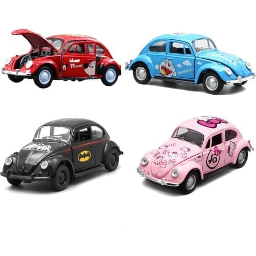 Prenoy For Beatle Metal Toy Car Model Diecast Alloy Anime Cartoon Style Pull Back Car Open Door Cute Mini Version Car 1:36