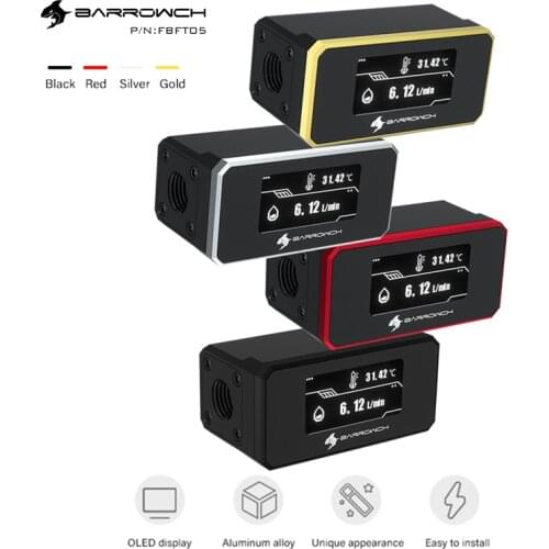 Barrowch Water Cooling Flowmeter System PC Case OLED Water Digital Display Thermometer,Real-time Monitorin,FBFT05