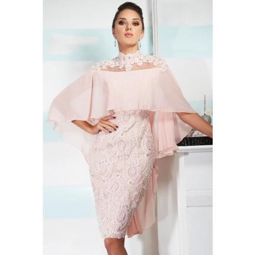 Pink Mother Of The Bride Dresses Sheath High Collar Knee Length Chiffon Lace Beaded Groom Short Mother Dresses For Wedding