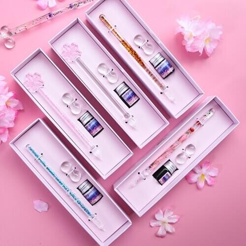 3pcs/set Crystal Glass Pen Gift Box Transparent Oil Filling Dip Pen CALLIGRAPHIE Fountain Pens Exquisite Stationery