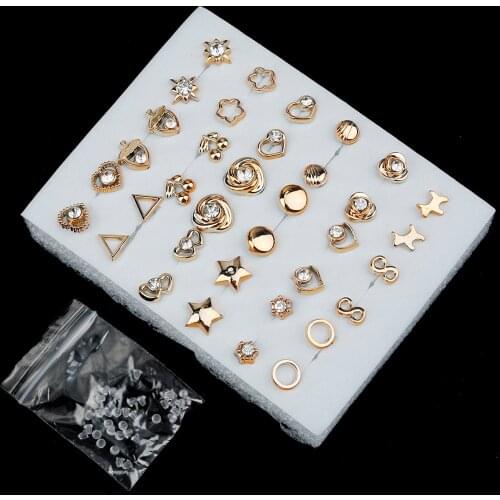 18Pair/Set Random Mix Design Fashion Women Lady Round Star Plastic Rhinestone Crystal Flower Ear Stud Earring Jewelry
