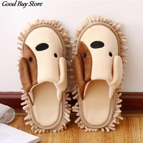 Winter Plush Slippers Lovely Dog 1Pair Home Unisex Dust Mop Slippers Kitchen Bathroom House Floor Cleaner Shoes Cute Puppy Warm