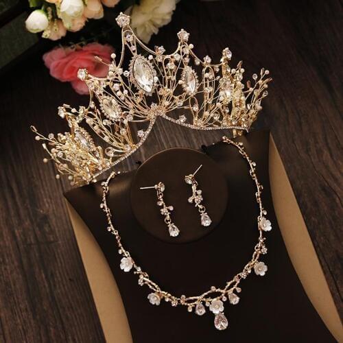 Bridal Jewelry Set Rhinestone Crystal Gold Tiara Crown Earrings for Wedding Necklace Set Accessories Bride Luxury Jewelry