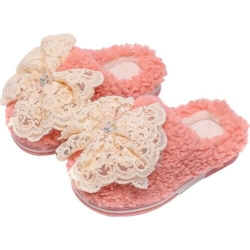 Girls Slippers Winter Warm Lace Bow Decoration Cute Toddler Indoor Slippers Not-Slip Soft Furry New Arrival 2021 Colorful Shoes