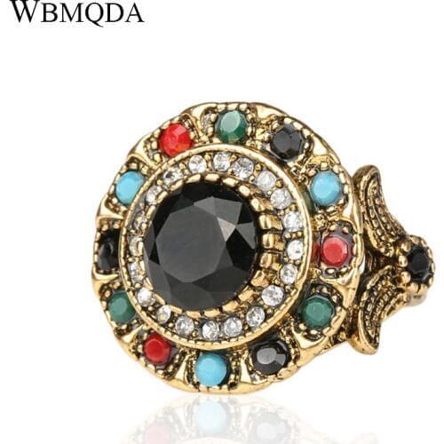 Turkish Jewelry Gold Color Ring Fashion Bohemian Tibetan Alloy Colorful Resin And Crystal Round Rings For Women Trendy 2018