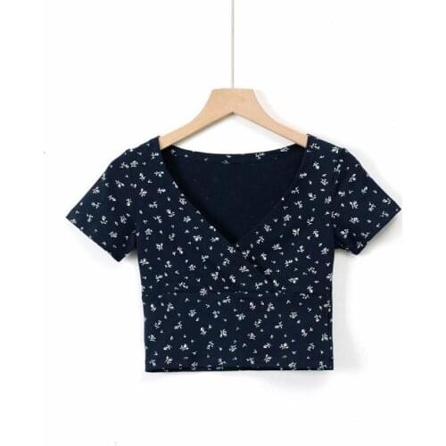 High Waist Female Tee Shirt Slim Tops V Neck Vintage Short Sleeve Women Crop Top Blue Flower Print Cross Pleated T-Shirt Casual