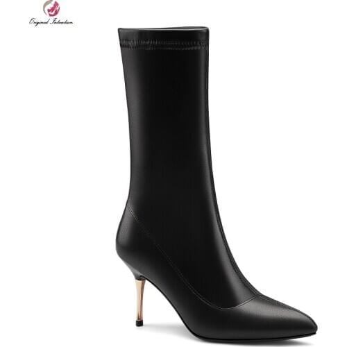 Womens Sexy High Heels Mid Calf Boots Fashion Pointed Toe Slip On Patent Women Boots Black Ladies Winter Booties Big Size 33-45