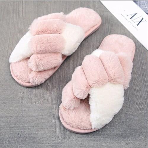 2021 New Ladies Spring And Autumn Furry Slippers Fluffy Cute Slippers Kawaii Fashion Plush Slippers Soft Home Flat Shoes