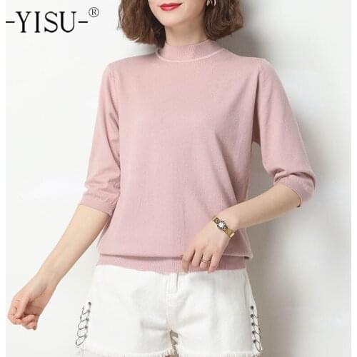 YISU 2021 Women Casual Middle sleeve Sweater Pullover Summer Half turtleneck Solid color Knitted pullover Female Thin T-shirt