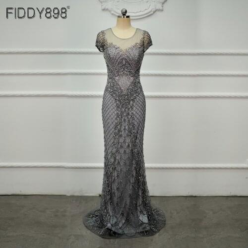 Sheath Long Grey Women Evening Dress Luxury Dubai Crystal Beading Formal Party Gowns Cap Sleeve Abendkleider 2020 ASA-0136