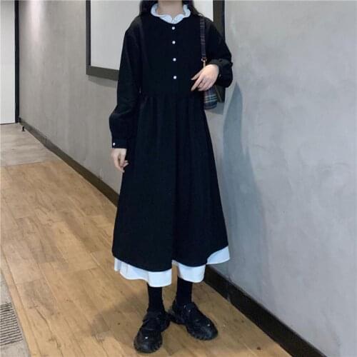 Womens Patchwork Long-Sleeved Dress Spring New Loose Overknee A- line Dress Woman Dresses Vestido De Mujer Femme Robe