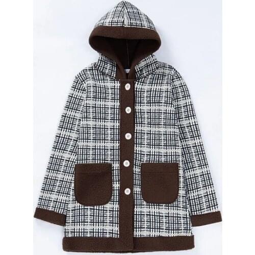 2021 Winter New Women Jacket Faux lamb Wool Woolen Coat Lattice Thicken Plus Velvet Mid Long Female Woolen Cloth Overcoat R1325