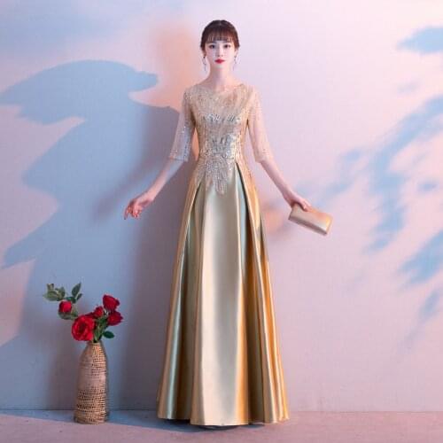 Sequins Gold Evening Dress Empire Half Sleeves Fashion A-Line Zipper Back Pleat Floor-Length New Woman Formal Party Gowns A1293