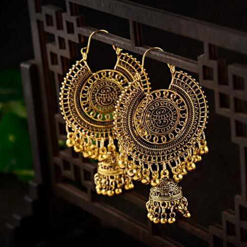 Gold Traditional Indian Ethnic Tassel Dangle Earrings For Women Big Round Gypsy Jhumka Jhumki Earring Statement Drop Earrings