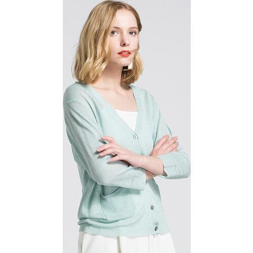 AECU Knitted Cardigan Women Autumn Casual V-Neck Three Quarter Sleeve Crochet Knit Cover Ups Female Tops With Buttons Pocket