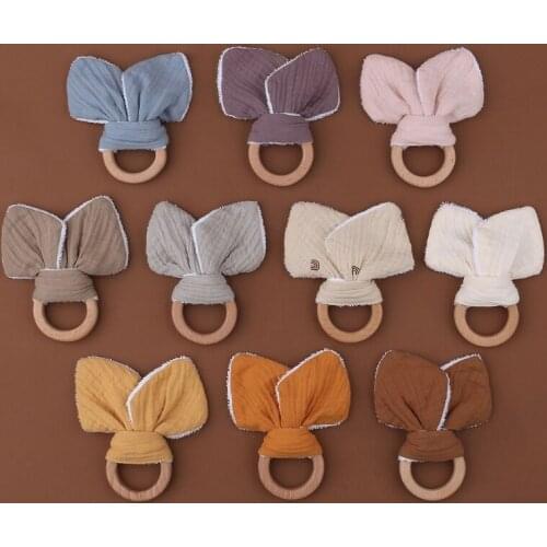 Baby Wooden Ring Teether Soft Cotton Rabbit Ear Comforting Toy Teething Sensory Rattle Shower Gift for Infants Newborn