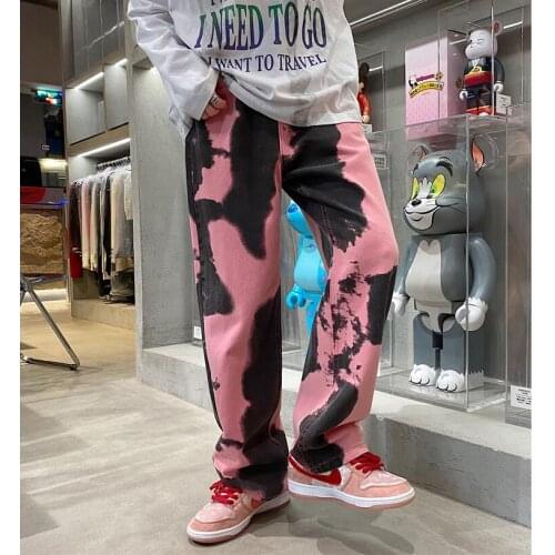 Autumn Tie-dye Jeans Mens Fashion Printing Casual Baggy Straight Jeans Men Streetwear Loose Hip-hop Denim Trousers Mens S-2XL