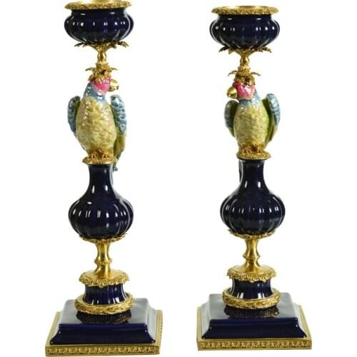 Elegant Porcelain Candelabrum European Luxury Candleholder Decor Copper and Blue & Green Ceramic Cockatoo Vintage CandleStick