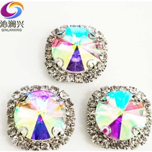 Round shape top glass crystal rhinestones with hole,AB color Silver bottom sew on stone for Diy Clothing accessories SWWK06