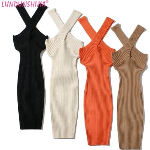 LUNDUNSHIJIA 2021 Summer Women Sexy Cross Halter Knitting Dress Ladies Fashion Solid Sleeveless Dresses Vestidos 4 Colors
