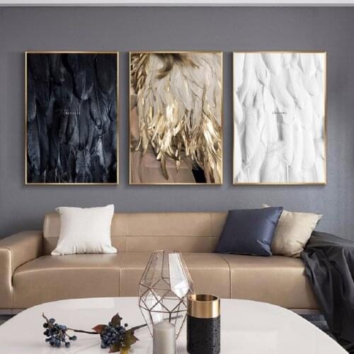 Minimalism Modern Painting Black and White Gold Feather Wall Art Canvas Painting Poster Living Room Bedroom Home Decoration