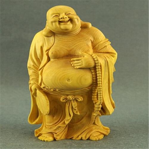 Delicate Lovely Chinese Traditional Handicrafts Boxwood Maitreya Statue - Smile to Often Open