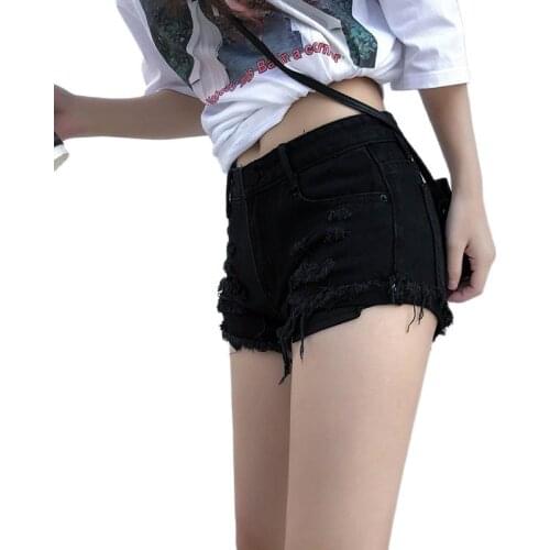 2021 Summer New Black Ultra Low Waist Tassel Hole Denim Shorts Womens Slim Sexy Nightclub Jeans Shorts