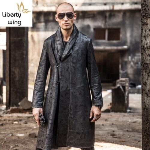 2020 Winter New Men Long Sheepksin Genuine Jacket Loose Fit Trench Coat Gothic Man Military Midi Real Leather Overcoat