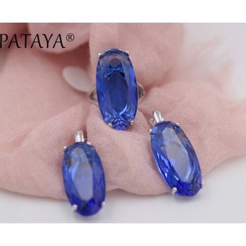 PATAYA New True White Gold Jewelry Set Oval Sea Blue Artificial Zircon Big Dangle Earrings Ring Set Women Fashion luxury Jewelry