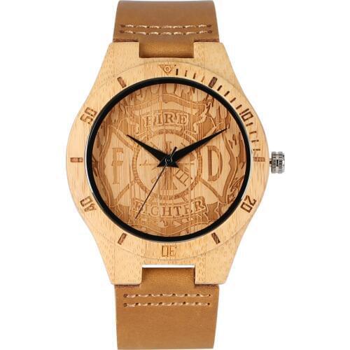 Firefighter Wooden Watch Fire Hydrant Carving Analog Special Men Casual Bamboo Wristwatch All-match Wood Clocks Gifts Husband