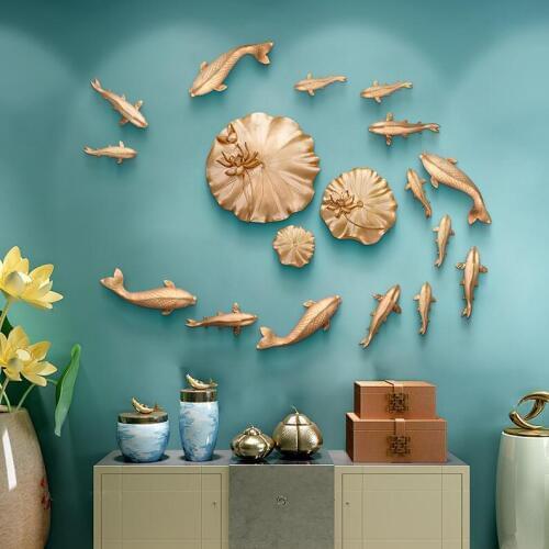 Modern Wood Lotus Leaf Wall Hanging Fish Crafts Decoration Livingroom Dining Room Wall Mural Ornamntes Corridor 3D Wall Sticker