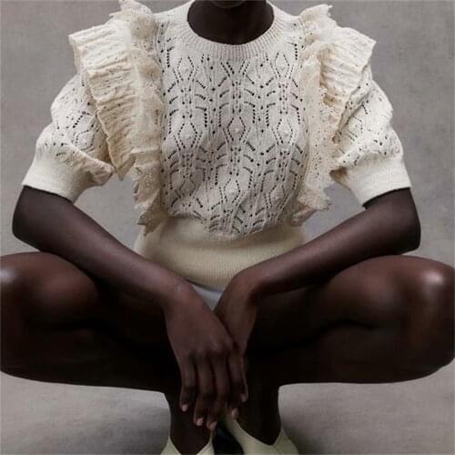 TRAF Women 2021 Fashion Hollow Out Cropped Ruffled Knitted Sweater Vintage O Neck short Sleeve Female Pullovers Streetwear