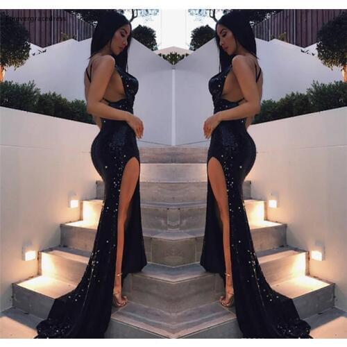 2019 Red Carpet High Thigh Split Evening Dress Black Sequins Shiny Formal Holiday Wear Prom Party Gown Custom Made